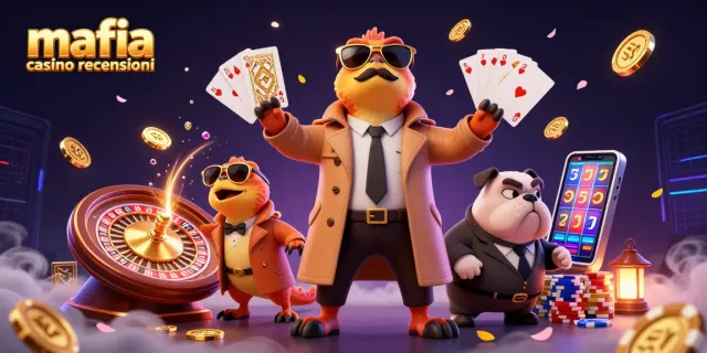 Mafia casino recensioni scene with raptors in a trench coat entering a VIP lounge amidst casino elements.