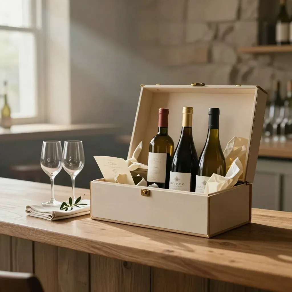 Box degustazione aperto con sei bottiglie, calici e rametto d’olivo in luce calda