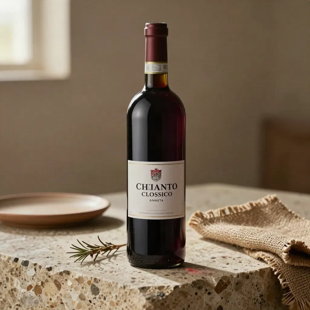 Bottiglia di Chianti Classico su travertino con rosmarino e lino grezzo