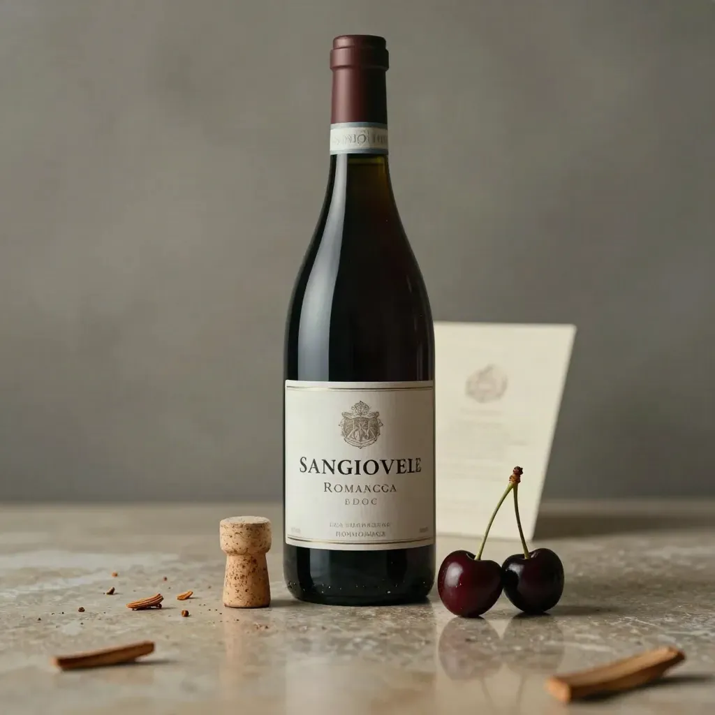 Bottiglia di Sangiovese su pietra lucida con ciliegie, tralcio di vite e tappi di legno