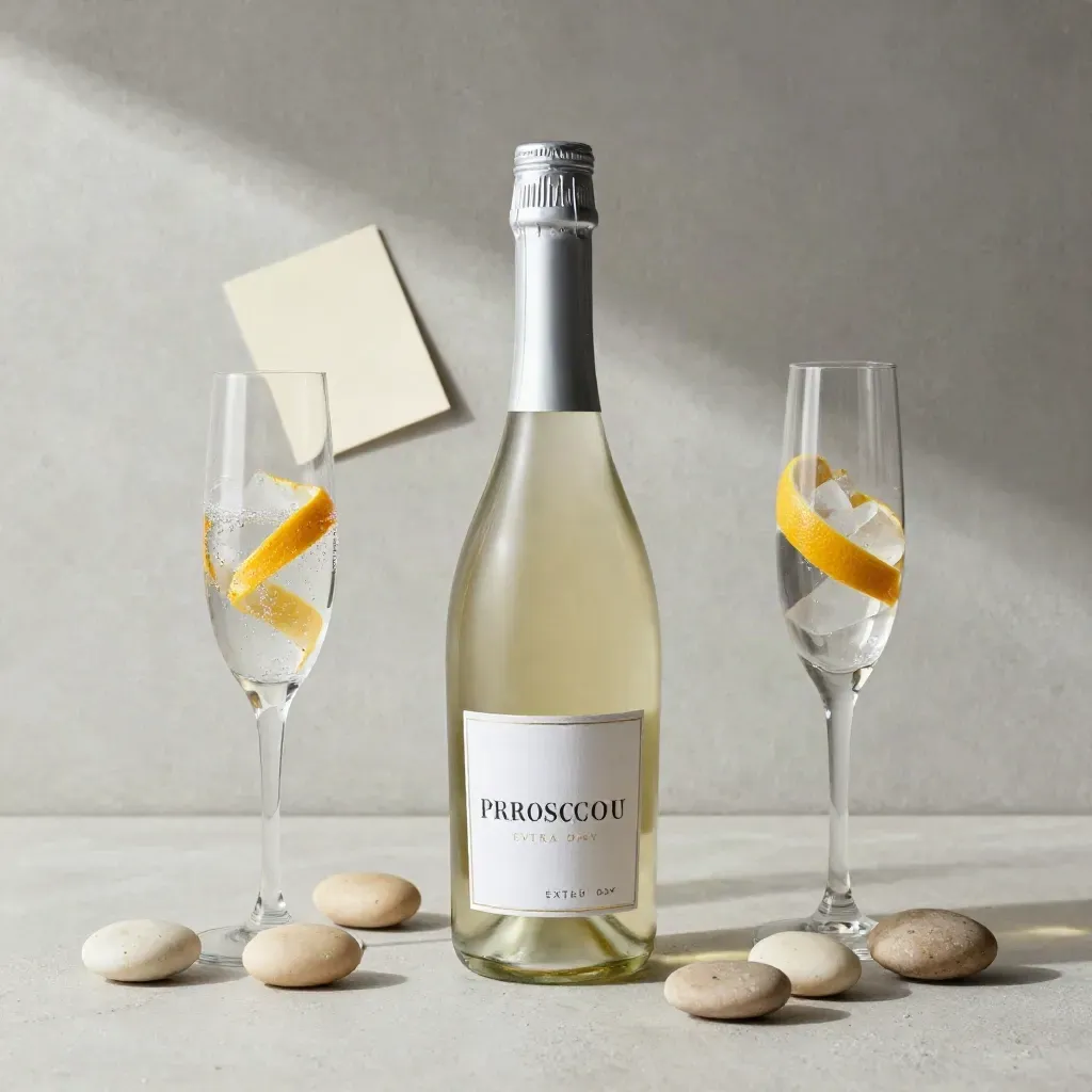 Flat lay dall'alto con bottiglia di Prosecco, due flute, scorza di agrume, ghiaccio e pietre chiare.