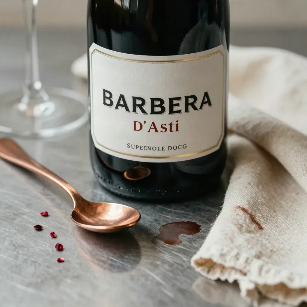 bottiglia di vino nera su acciaio con cucchiaio di rame, noccioli di ciliegia e macchia su lino