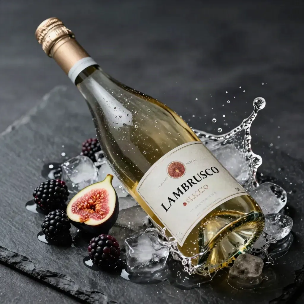 Bottiglia di Lambrusco con more, fico viola, ghiaccio e spruzzo frizzante su ardesia scura