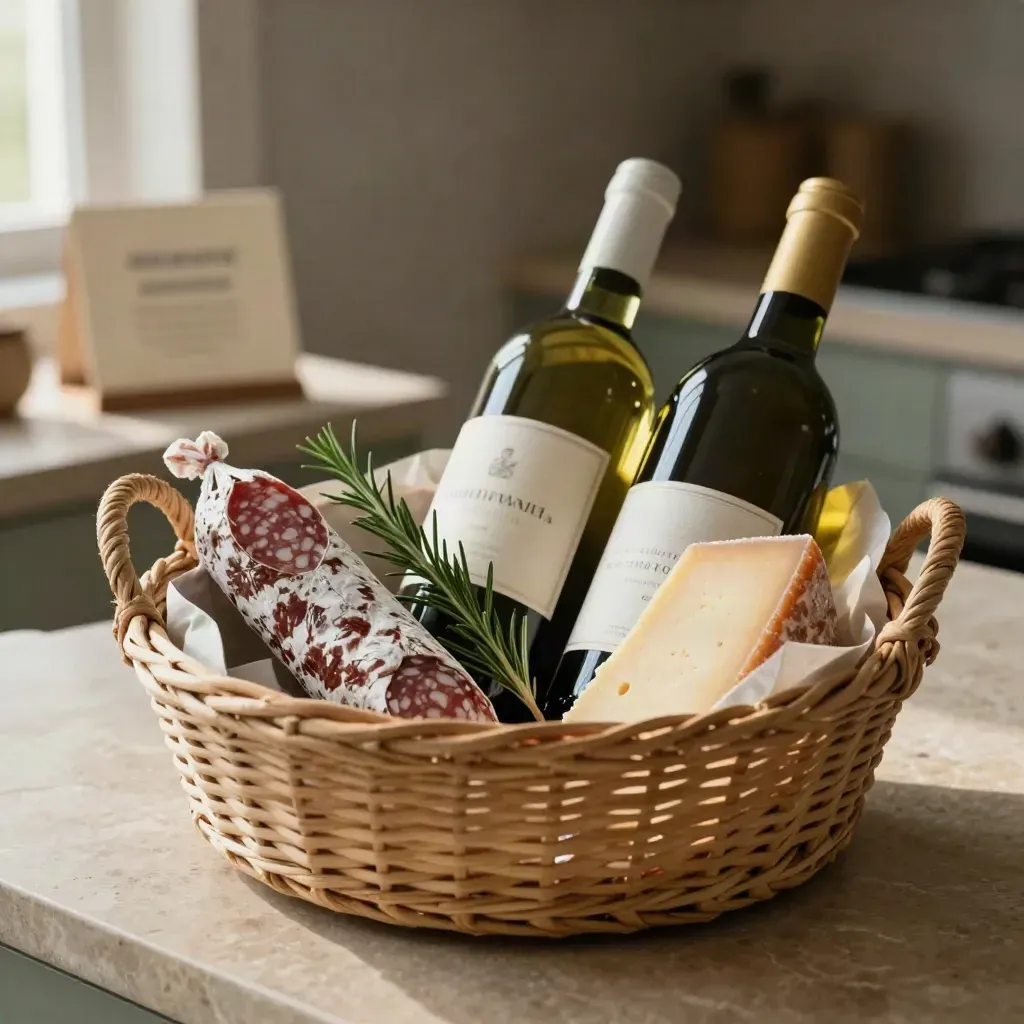 Cesto con bottiglie di vino, salame, formaggio e rosmarino su fondo caldo