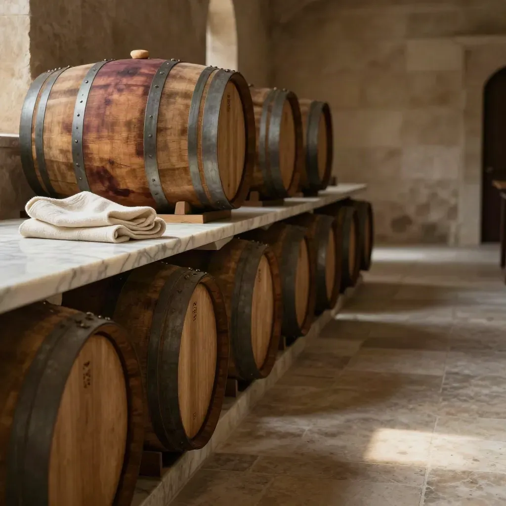 Corridoio di cantina con botti di rovere e ledge di marmo illuminata da luce dorata.