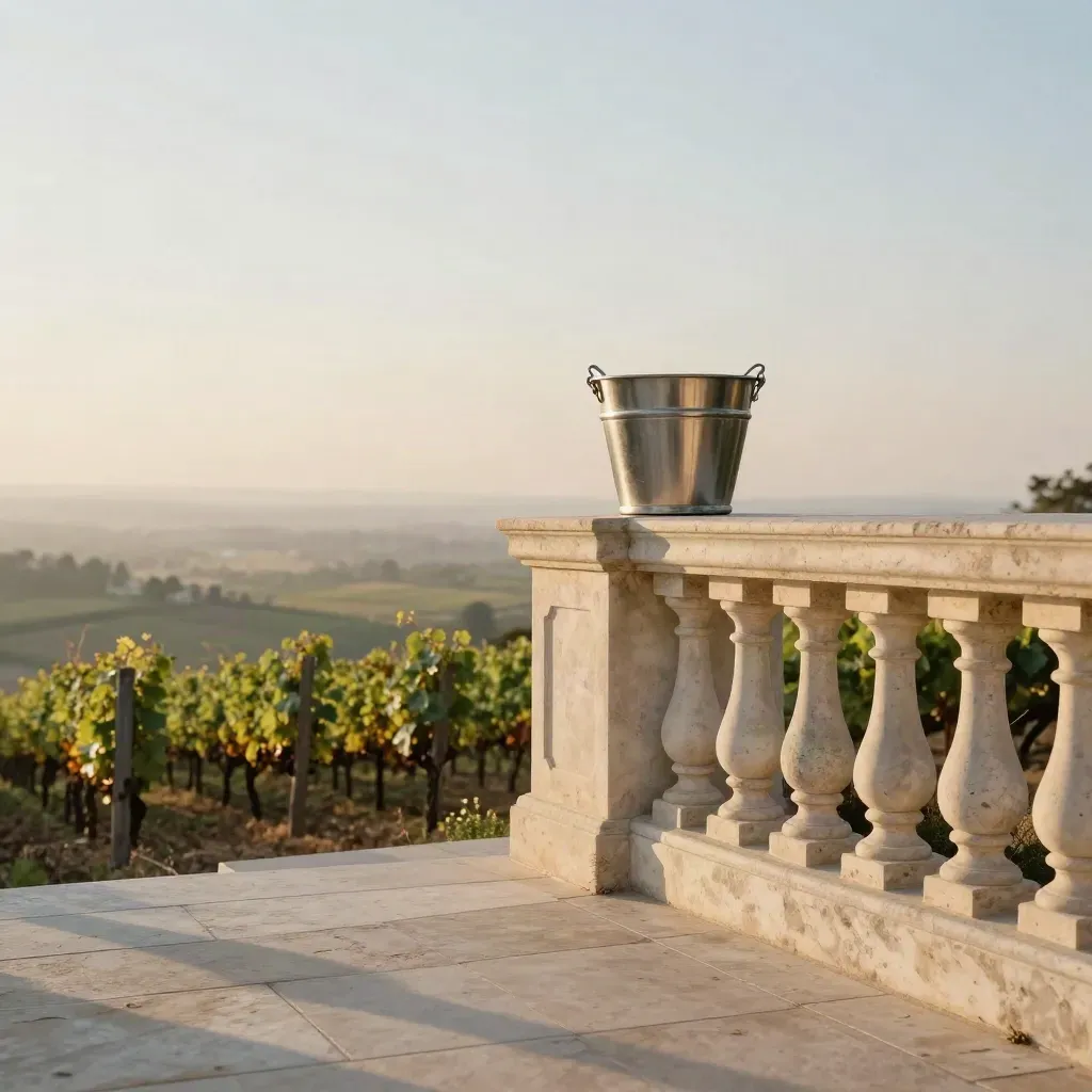 Terrazza collinare al tramonto, balaustra in pietra e vigneti lontani, atmosfera dorata.