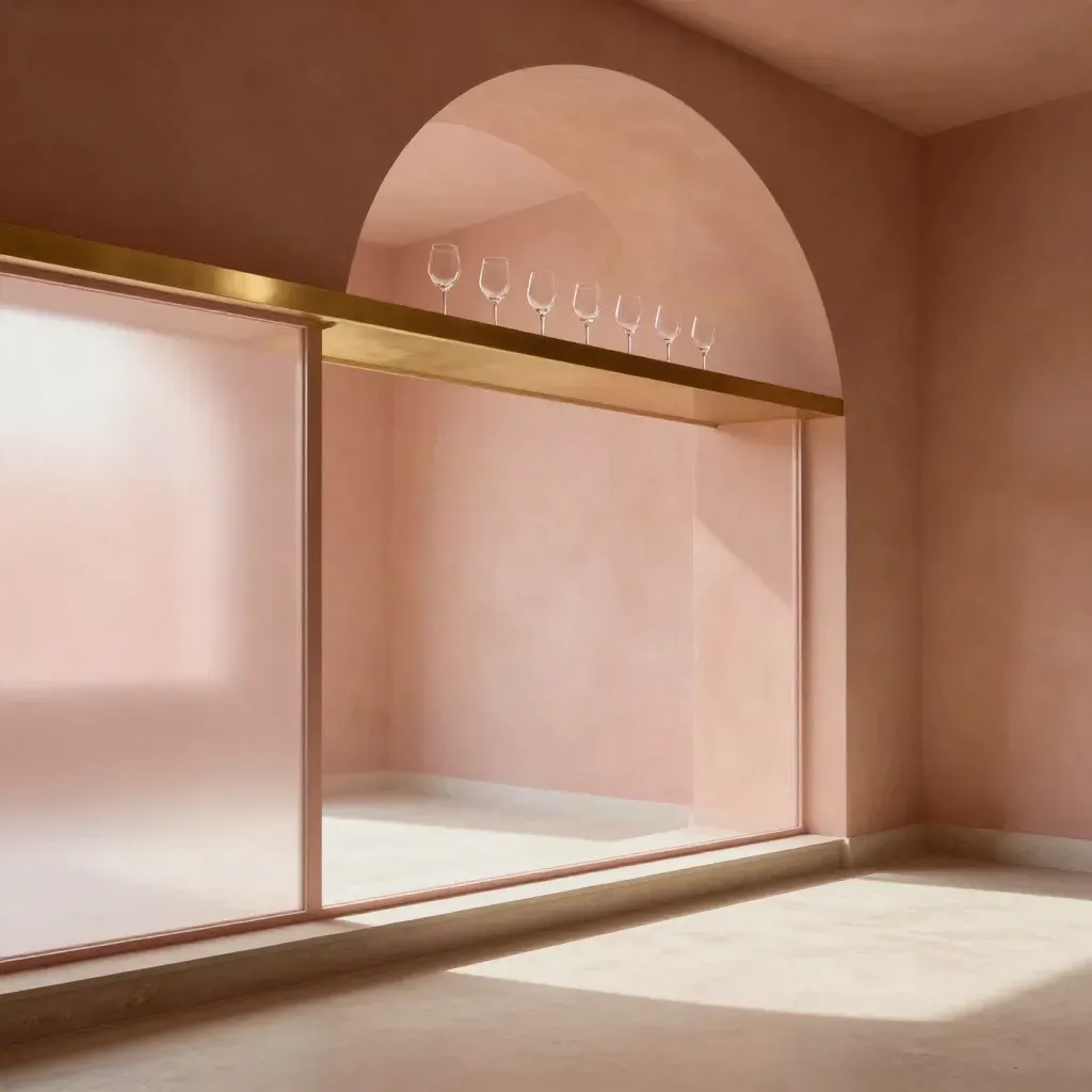 Sala degustazione ad arco con riflessi rosati, vetro satinato e intonaco chiaro