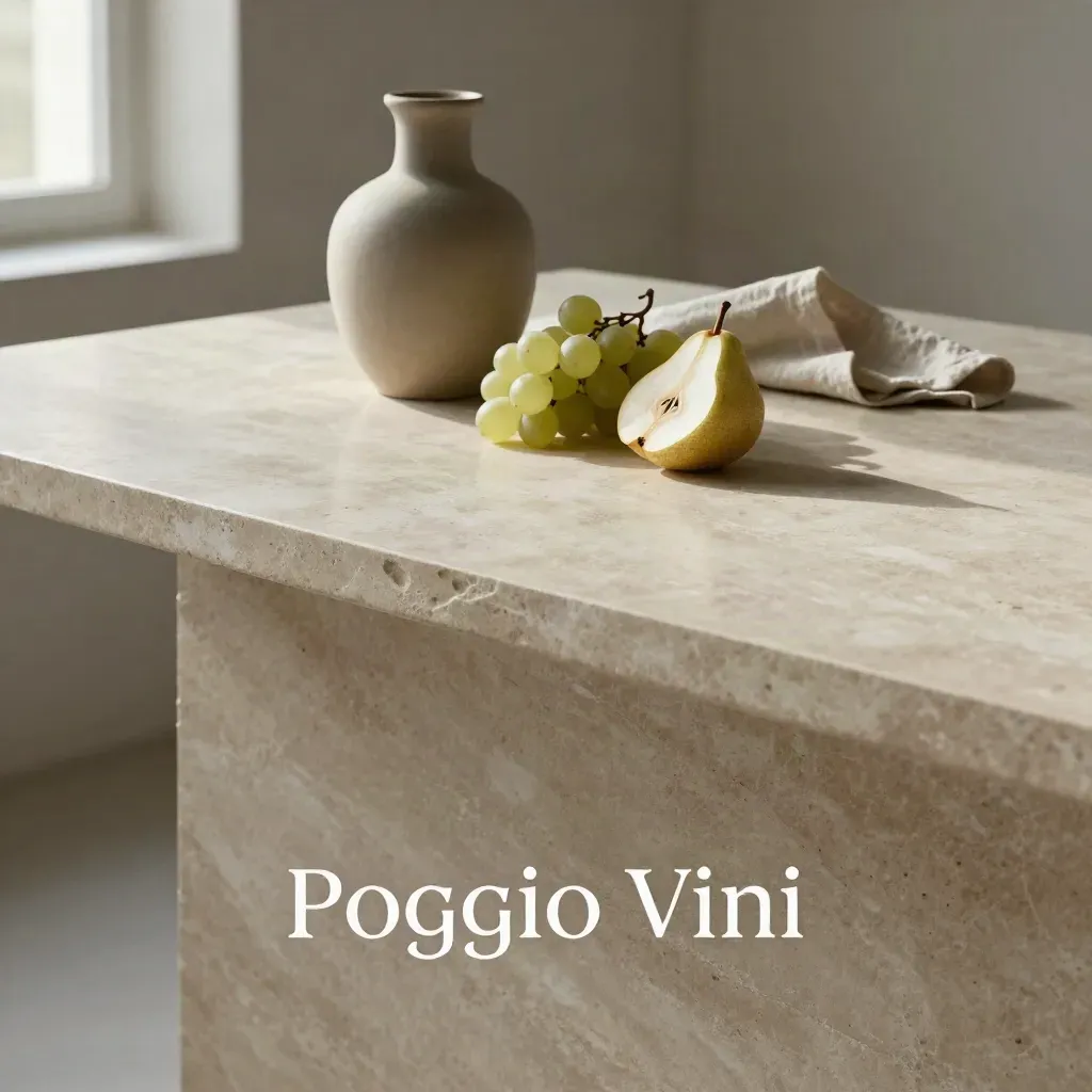 Tavolo in pietra chiara con caraffa in ceramica, uva bianca e pera, luce morbida.
